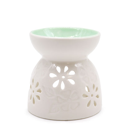 Classic White Oil Burner - Floral with Teal Well - Vivid Aromas UK