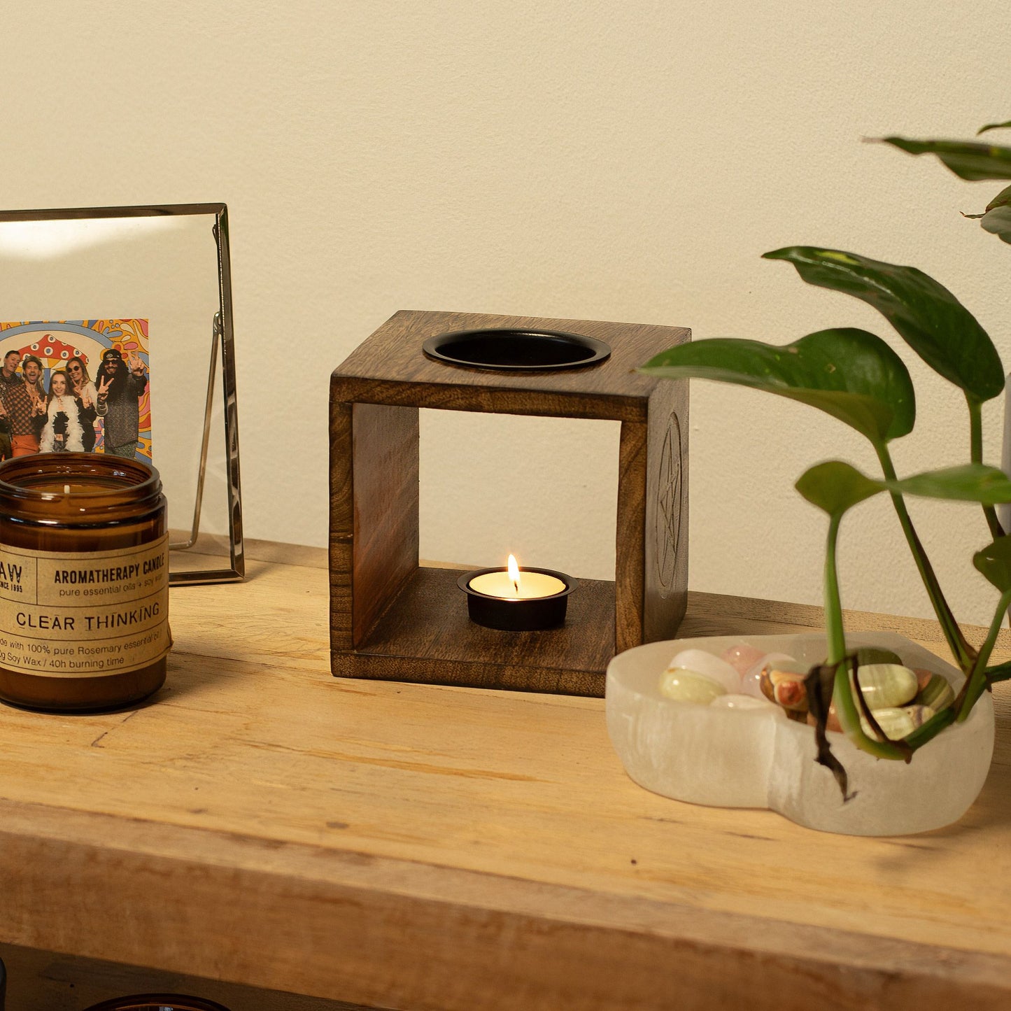 Large Square Mango Wood Oil Burner - Moon Goddess - Vivid Aromas UK