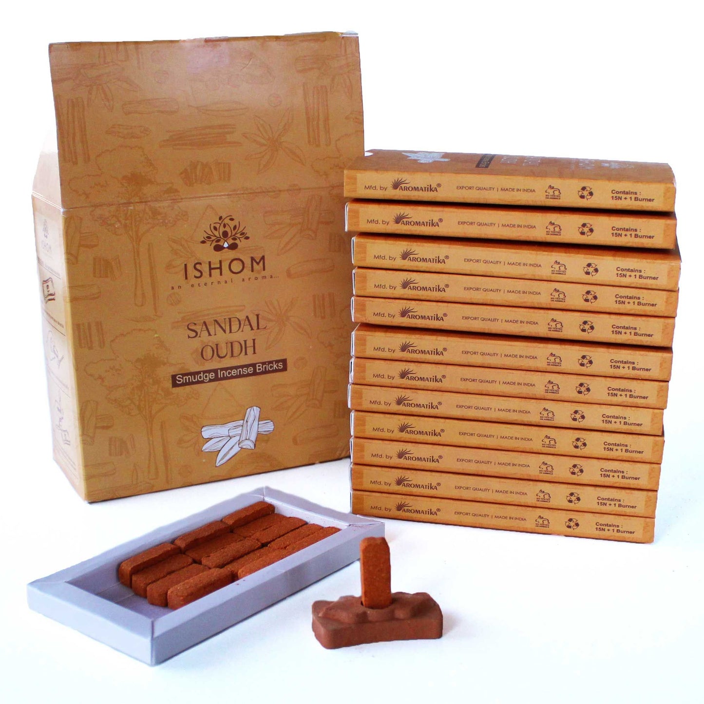 Pack of 15 Natural Incense Smudge Bricks and Burner - Sandal Wood - Vivid Aromas UK