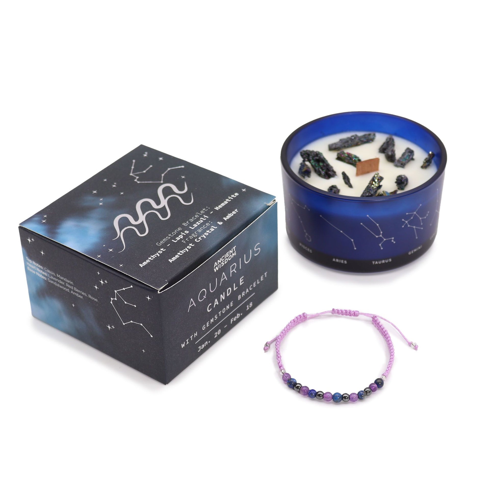 Zodiac Crystal Candle with Gemstone Bracelet - Aquarious - Vivid Aromas UK