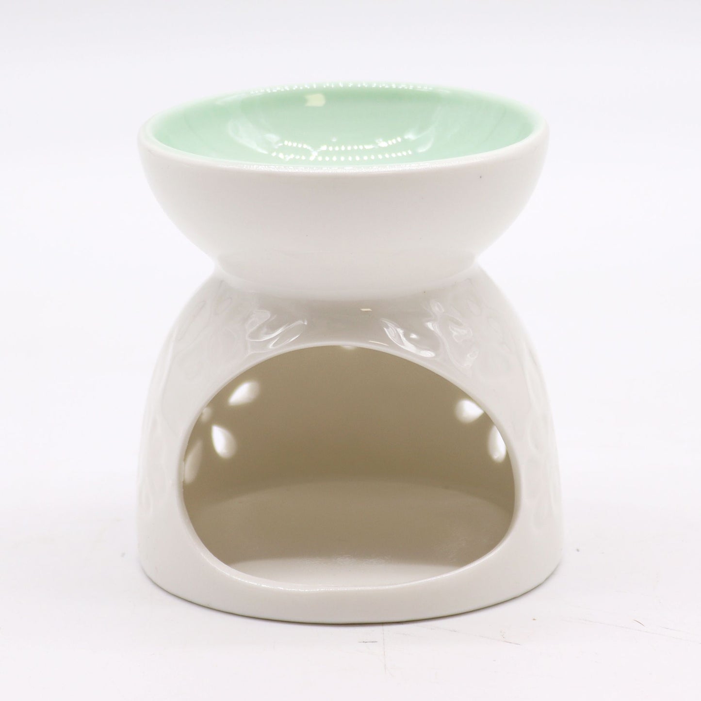 Classic White Oil Burner - Floral with Teal Well - Vivid Aromas UK