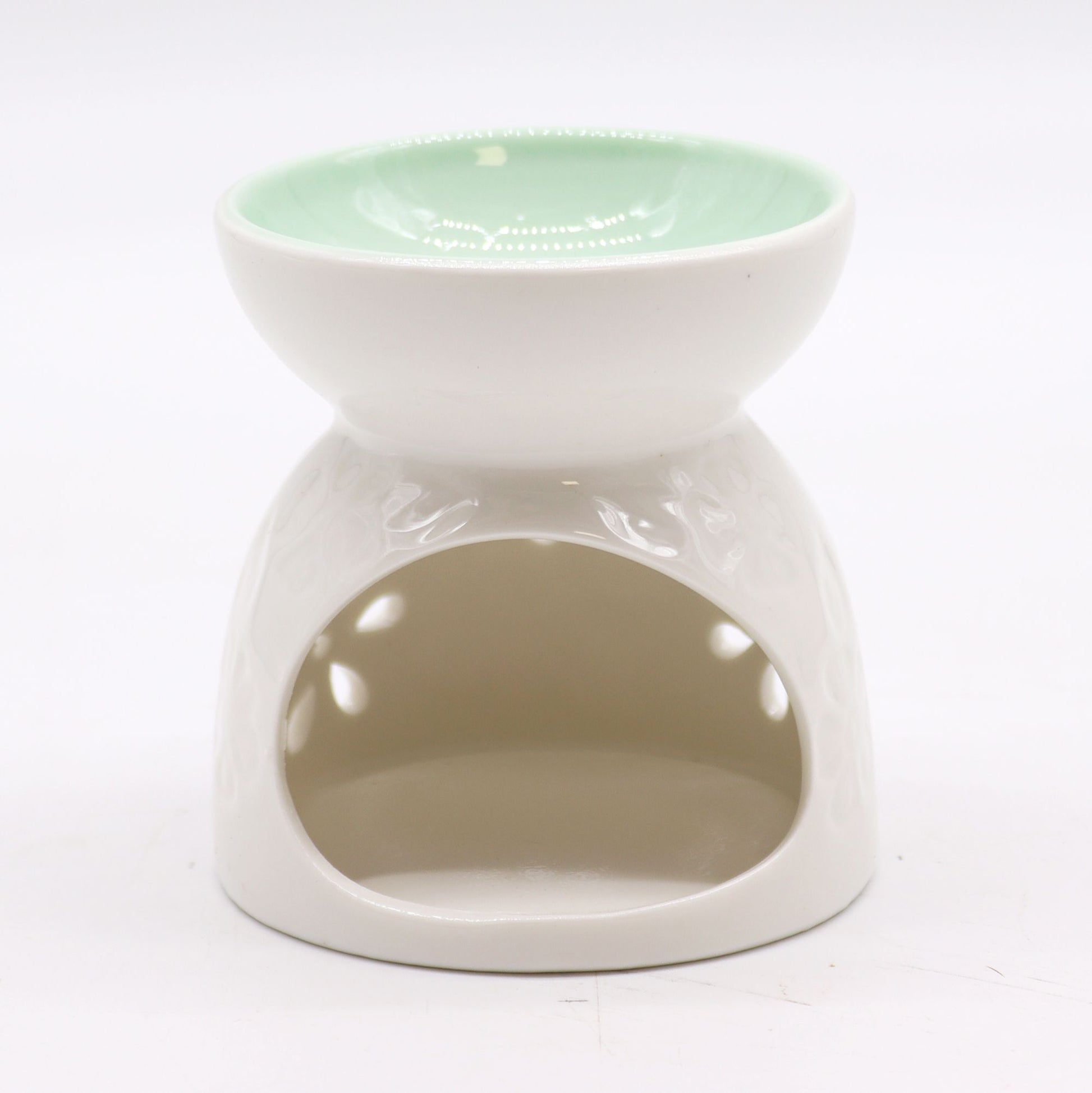 Classic White Oil Burner - Floral with Teal Well - Vivid Aromas UK