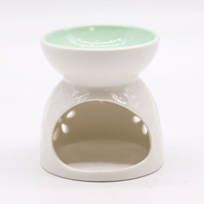 Classic White Oil Burner - Floral with Teal Well - Vivid Aromas UK