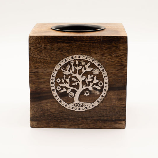 Large Square Mango Wood Oil Burner - Tree of Life - Vivid Aromas UK
