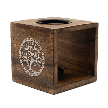 Large Square Mango Wood Oil Burner - Tree of Life - Vivid Aromas UK