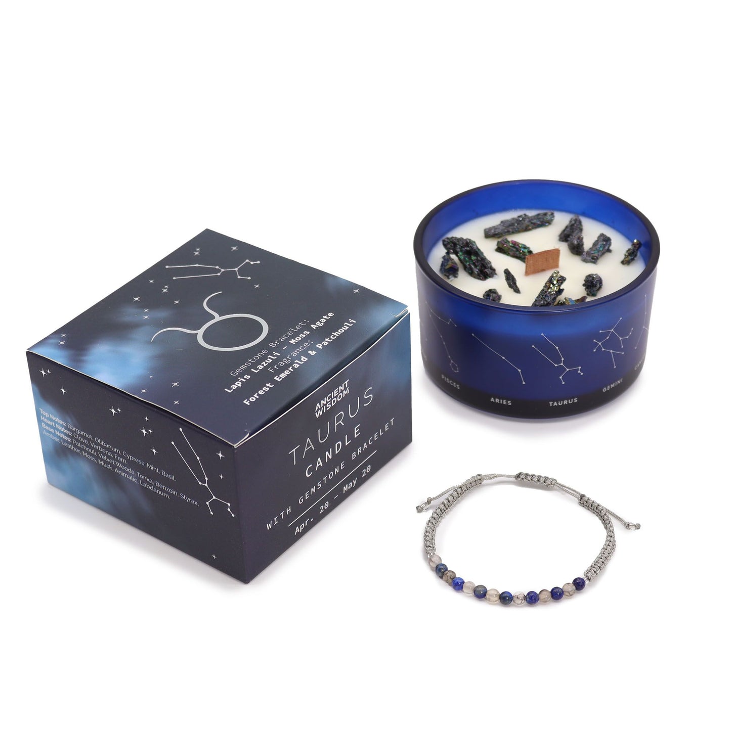 Zodiac Crystal Candle with Gemstone Bracelet - Taurus - Vivid Aromas UK
