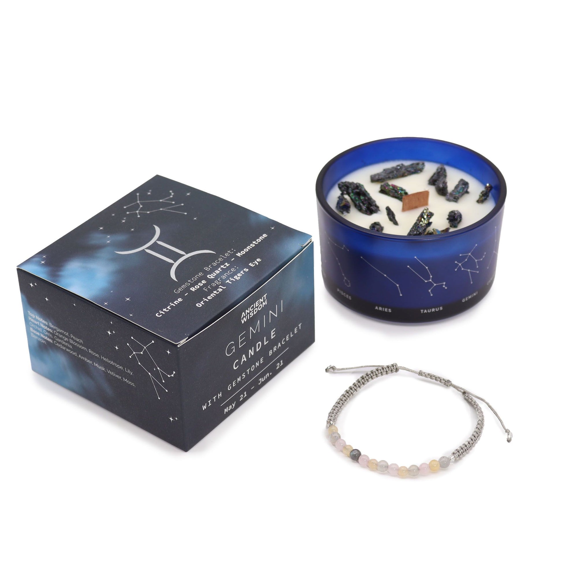 Zodiac Crystal Candle with Gemstone Bracelet - Gemini - Vivid Aromas UK