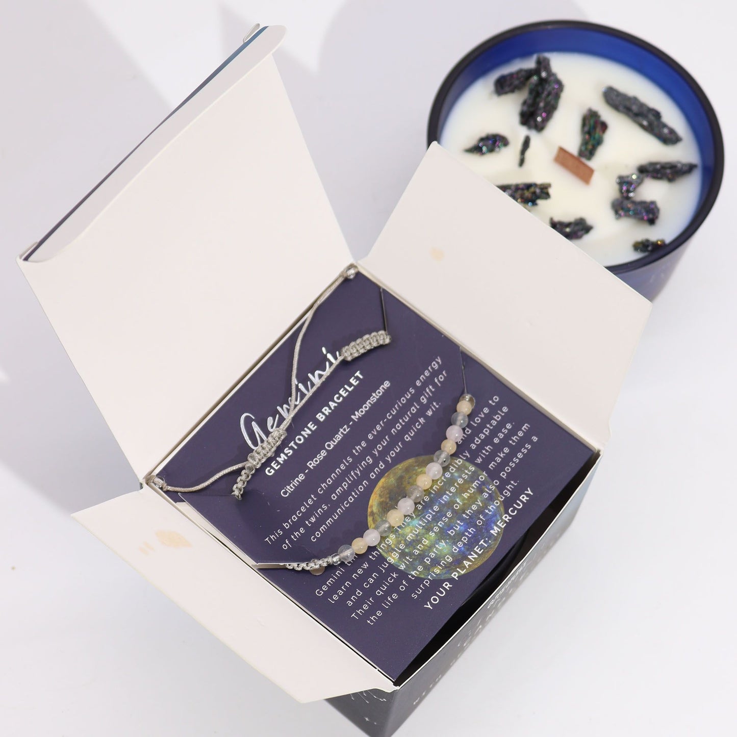 Zodiac Crystal Candle with Gemstone Bracelet - Gemini - Vivid Aromas UK