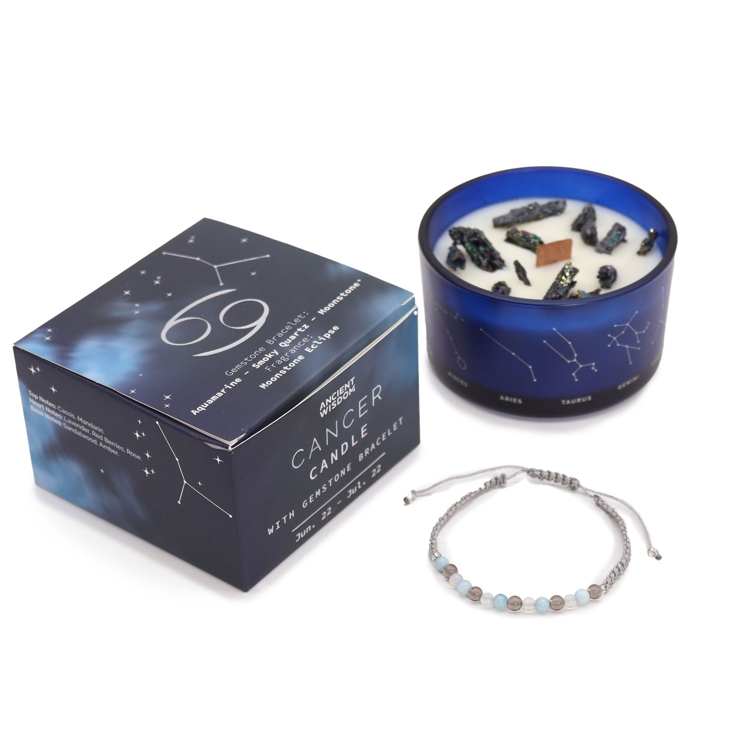 Zodiac Crystal Candle with Gemstone Bracelet - Cancer - Vivid Aromas UK