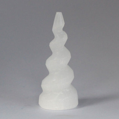 Selenite Spiral Unicorn Horn Tower - 10 cm - Vivid Aromas UK