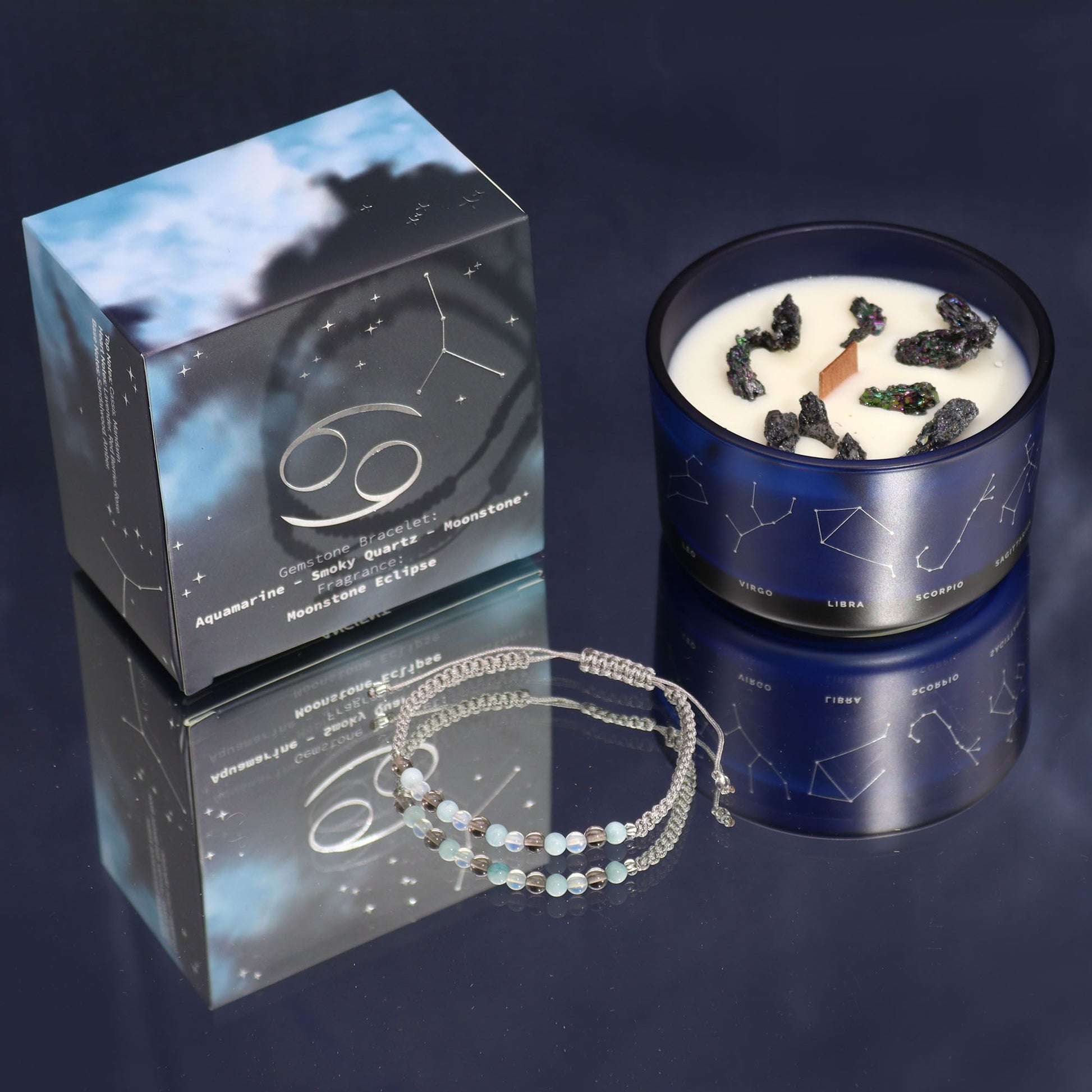 Zodiac Crystal Candle with Gemstone Bracelet - Cancer - Vivid Aromas UK