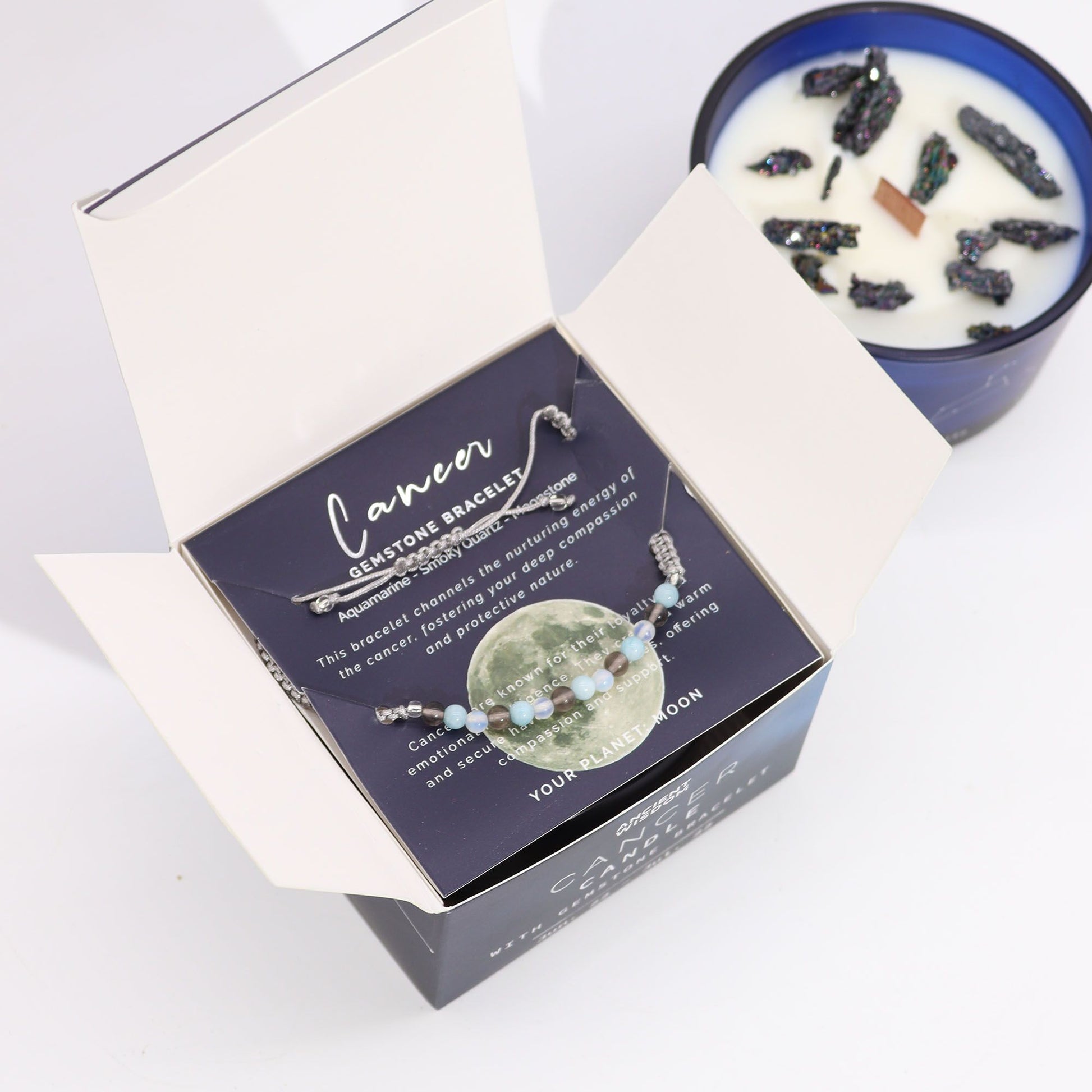 Zodiac Crystal Candle with Gemstone Bracelet - Cancer - Vivid Aromas UK