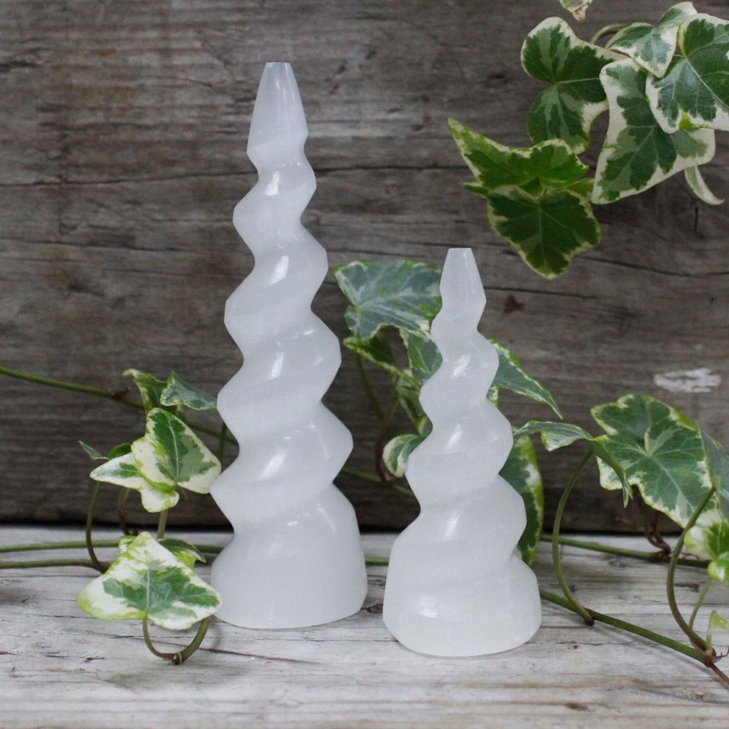 Selenite Spiral Unicorn Horn Tower - 10 cm - Vivid Aromas UK