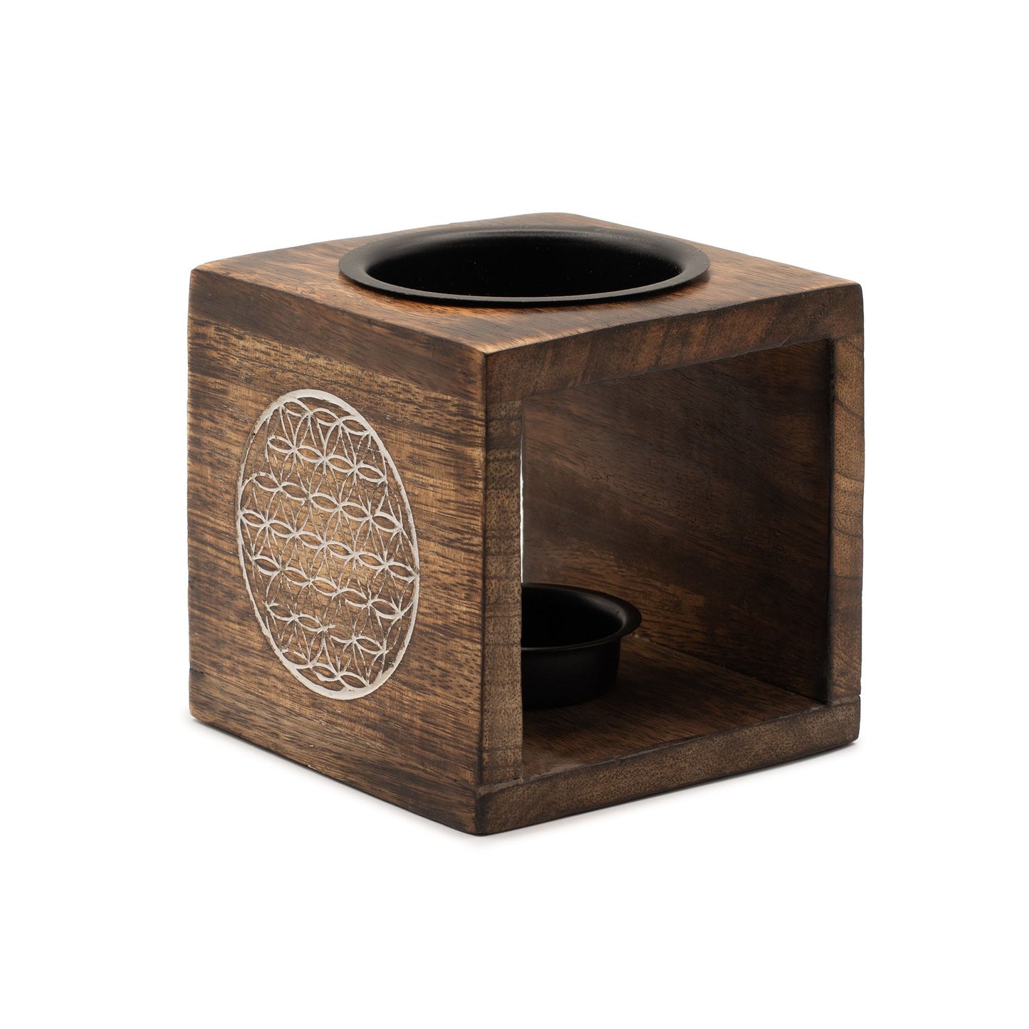 Square Mango Wood Oil Burner - Flower of Life - Vivid Aromas UK