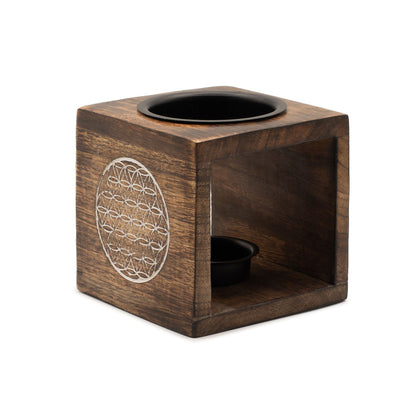 Square Mango Wood Oil Burner - Flower of Life - Vivid Aromas UK