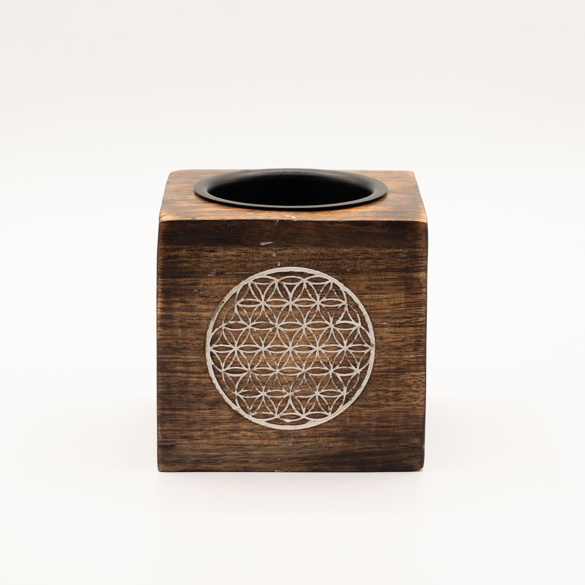 Square Mango Wood Oil Burner - Flower of Life - Vivid Aromas UK