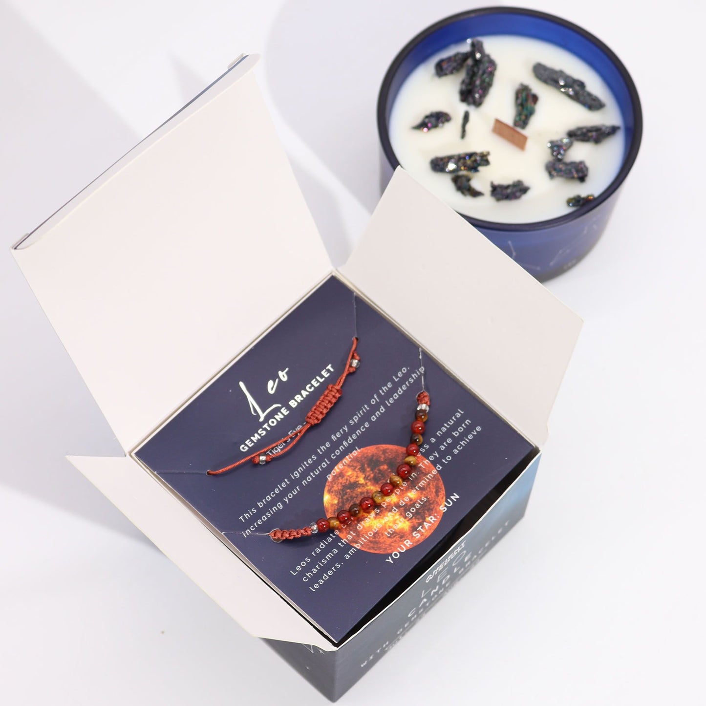 Zodiac Crystal Candle with Gemstone Bracelet - Leo - Vivid Aromas UK