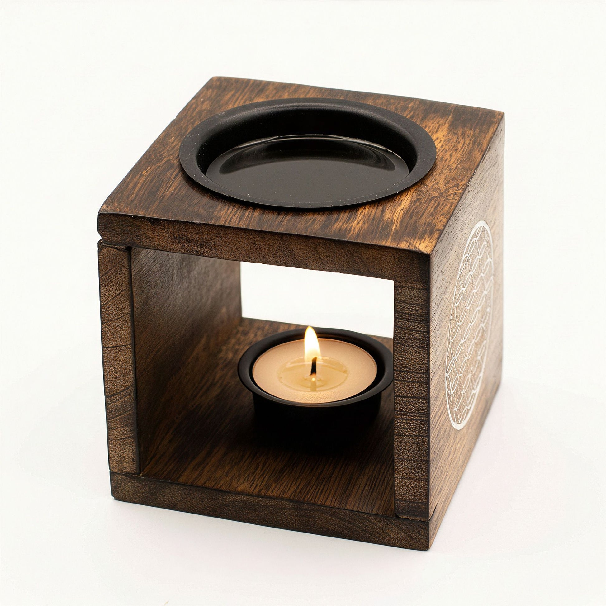 Square Mango Wood Oil Burner - Flower of Life - Vivid Aromas UK