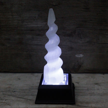 Selenite Spiral Unicorn Horn Tower - 15 cm - Vivid Aromas UK