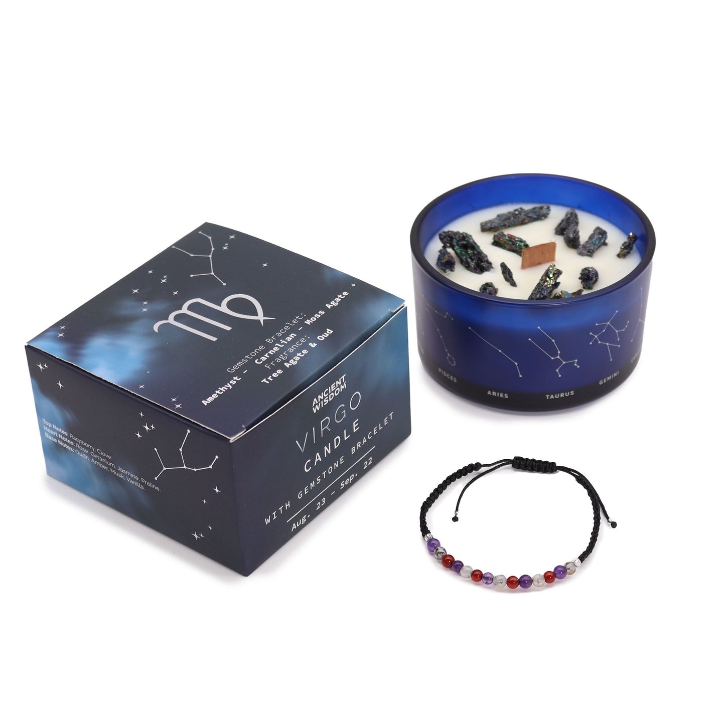Zodiac Crystal Candle with Gemstone Bracelet - Virgo - Vivid Aromas UK