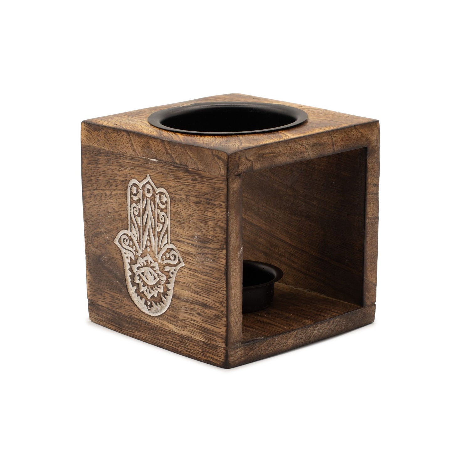 Square Mango Wood Oil Burner - Hamsa - Vivid Aromas UK